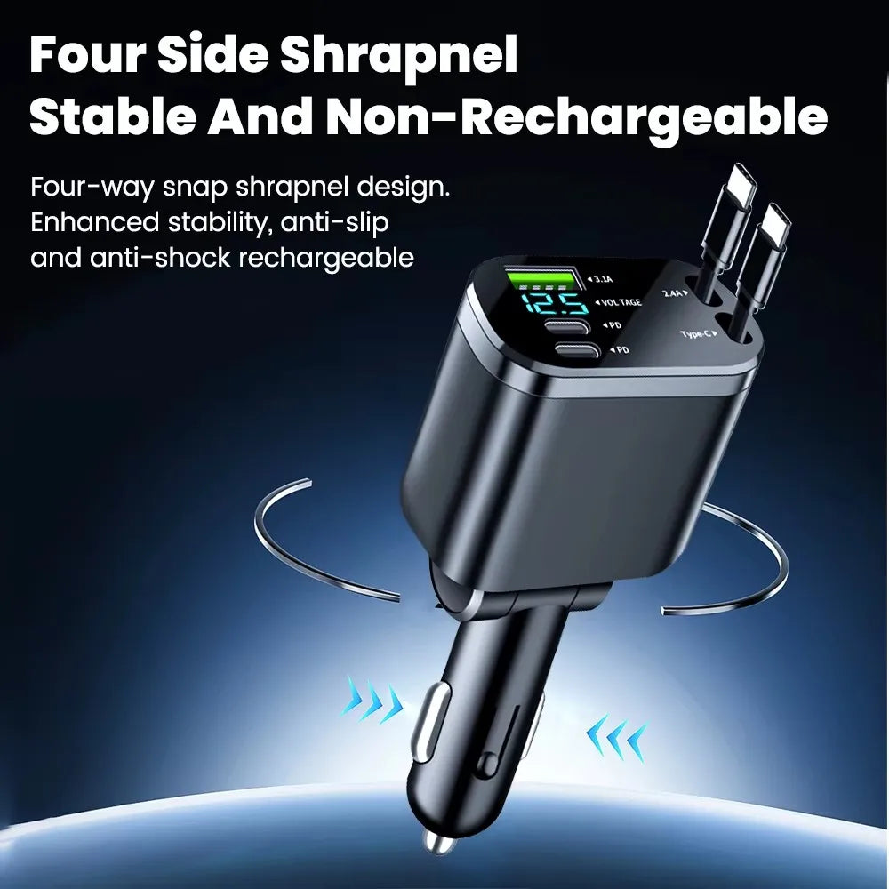 LuxCar™ PowerDrive 150W – 5-in-1 Fast Car Charger (Retractable Cables)