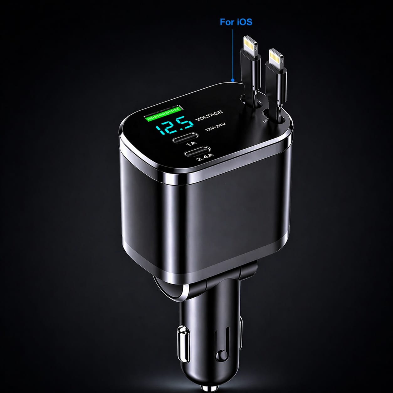 LuxCar™ PowerDrive 150W – 5-in-1 Fast Car Charger (Retractable Cables)
