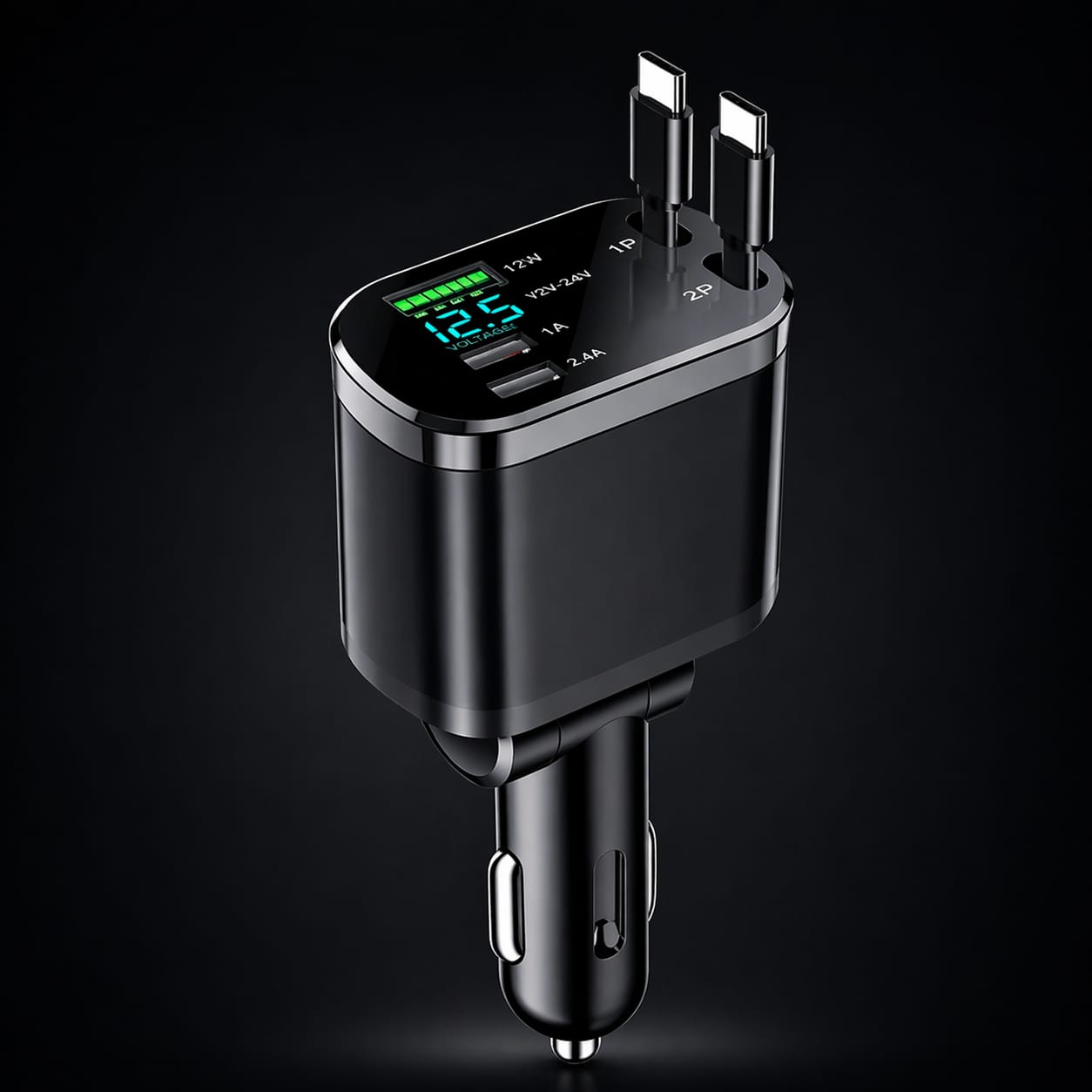 LuxCar™ PowerDrive 150W – 5-in-1 Fast Car Charger (Retractable Cables)