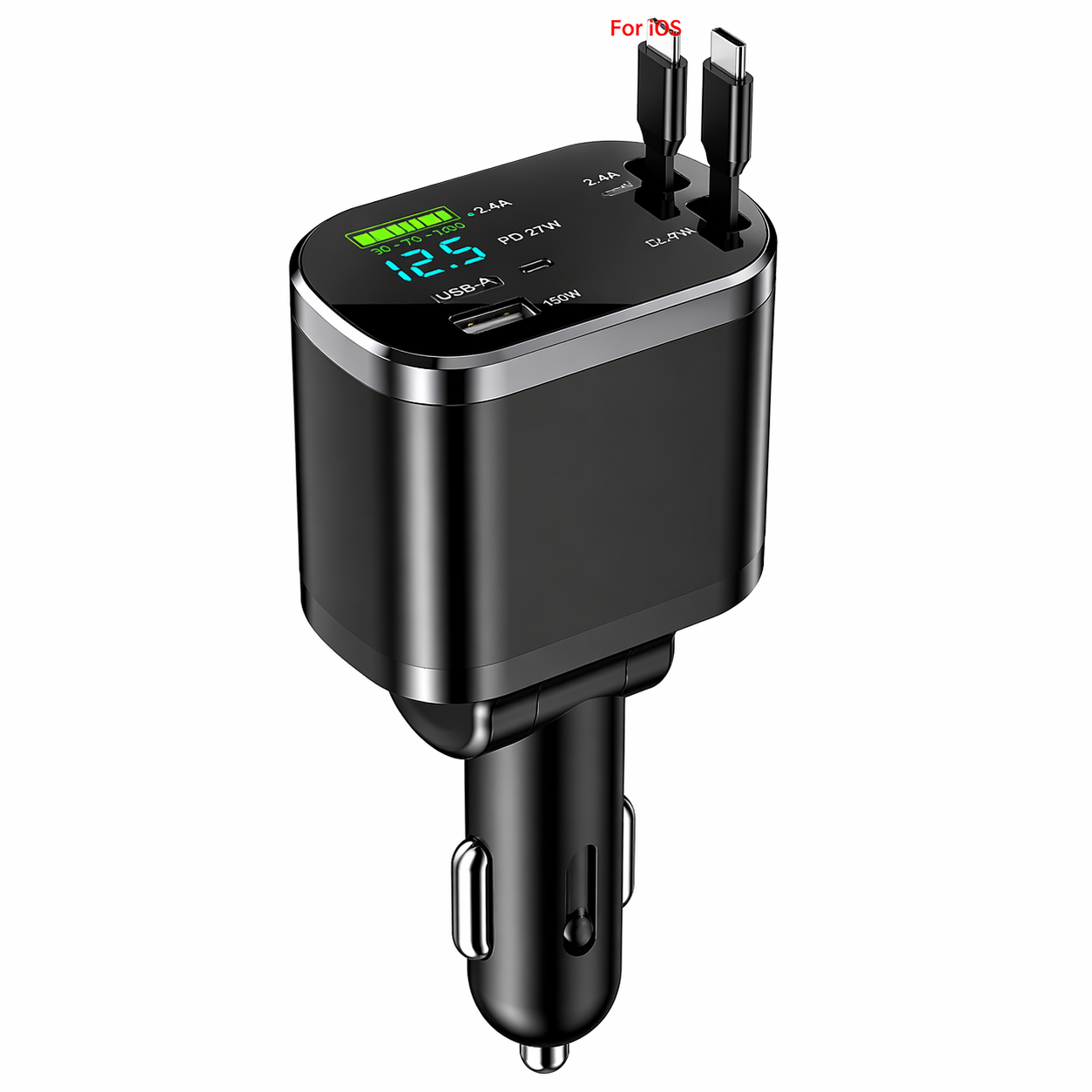 LuxCar™ PowerDrive 150W – 5-in-1 Fast Car Charger (Retractable Cables)