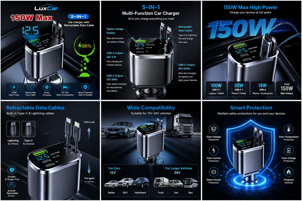 LuxCar™ PowerDrive 150W – 5-in-1 Fast Car Charger (Retractable Cables)