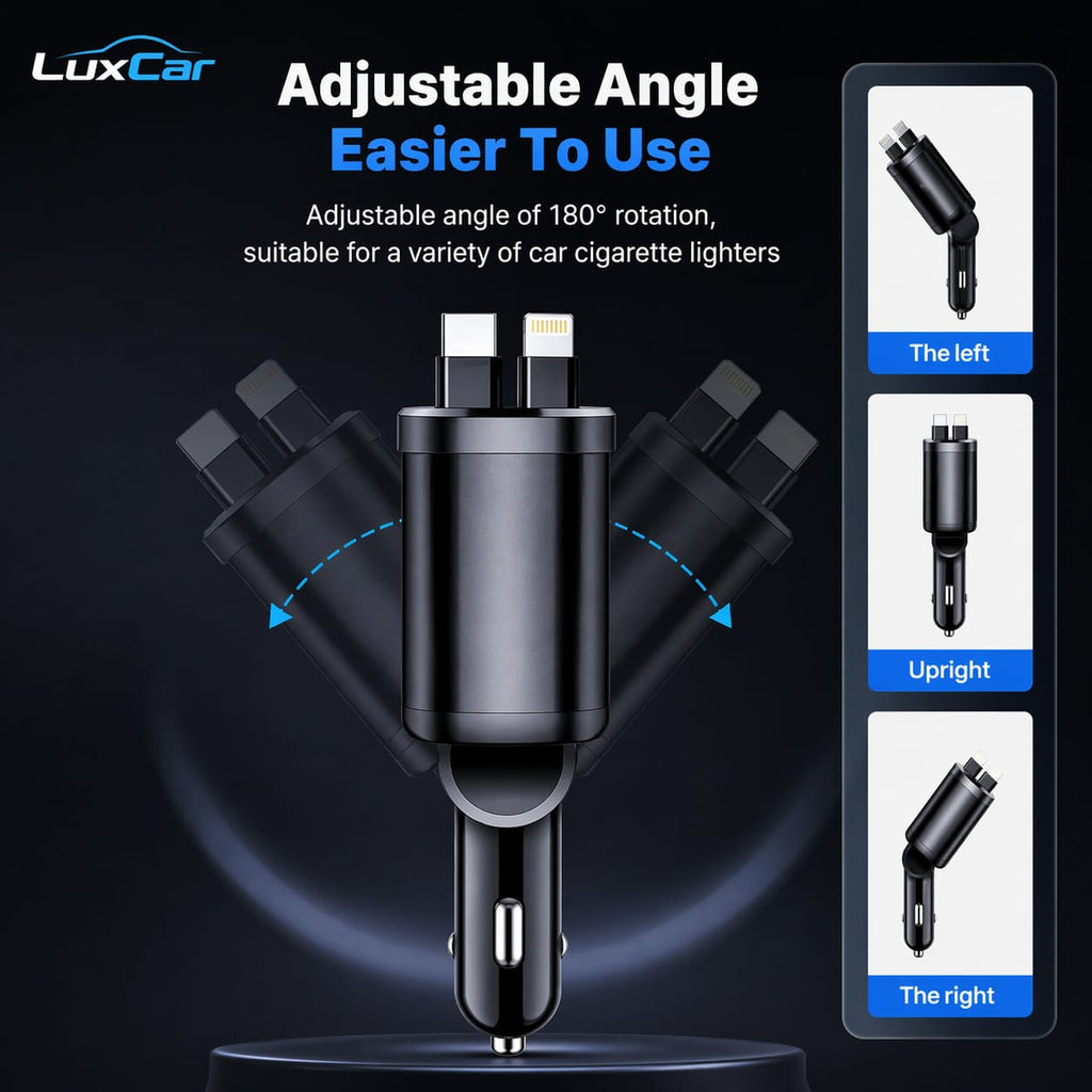 LuxCar™ PowerDrive 150W – 5-in-1 Fast Car Charger (Retractable Cables)