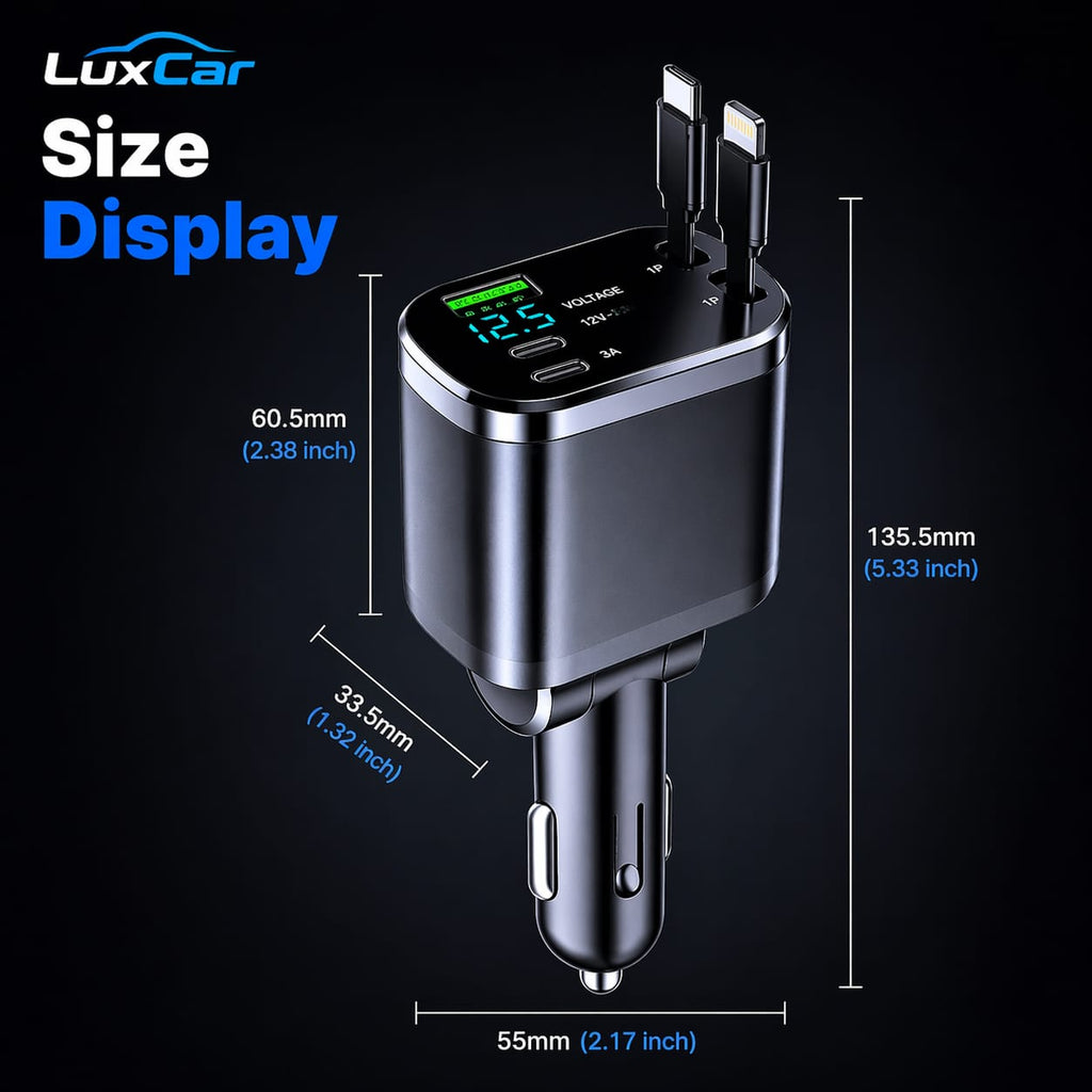 LuxCar™ PowerDrive 150W – 5-in-1 Fast Car Charger (Retractable Cables)