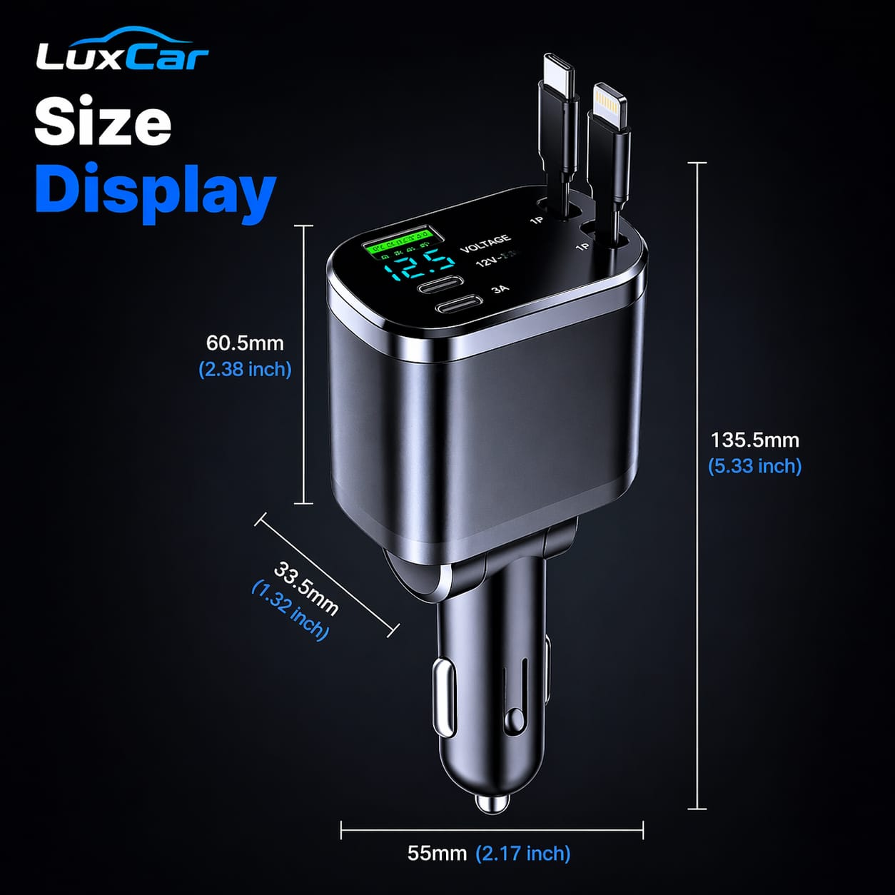 LuxCar™ PowerDrive 150W – 5-in-1 Fast Car Charger (Retractable Cables)