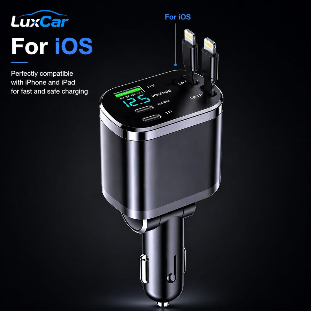 LuxCar™ PowerDrive 150W – 5-in-1 Fast Car Charger (Retractable Cables)