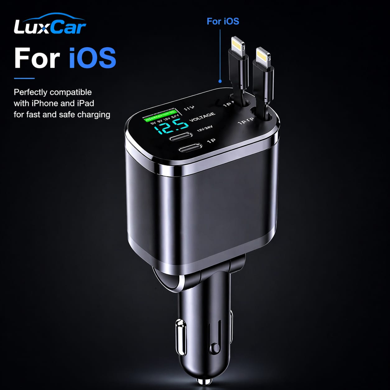 LuxCar™ PowerDrive 150W – 5-in-1 Fast Car Charger (Retractable Cables)