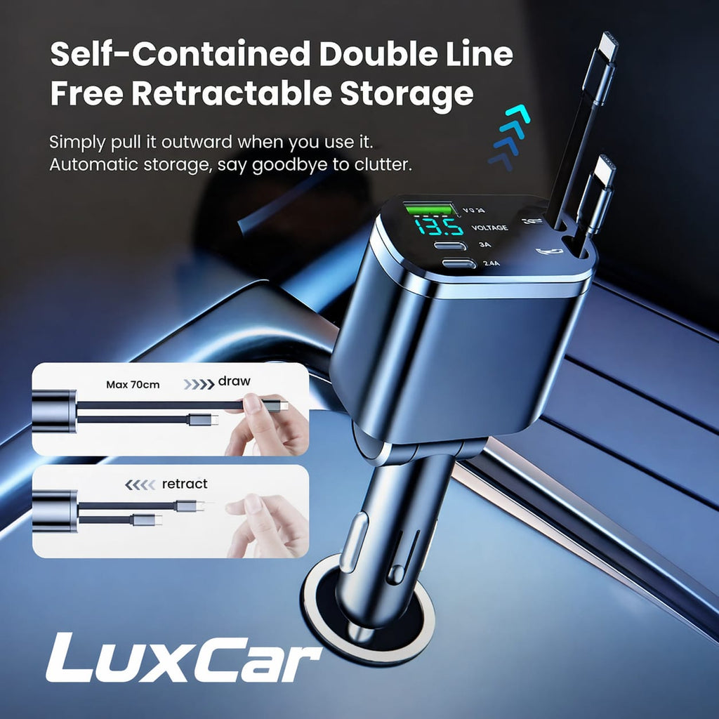LuxCar™ PowerDrive 150W – 5-in-1 Fast Car Charger (Retractable Cables)