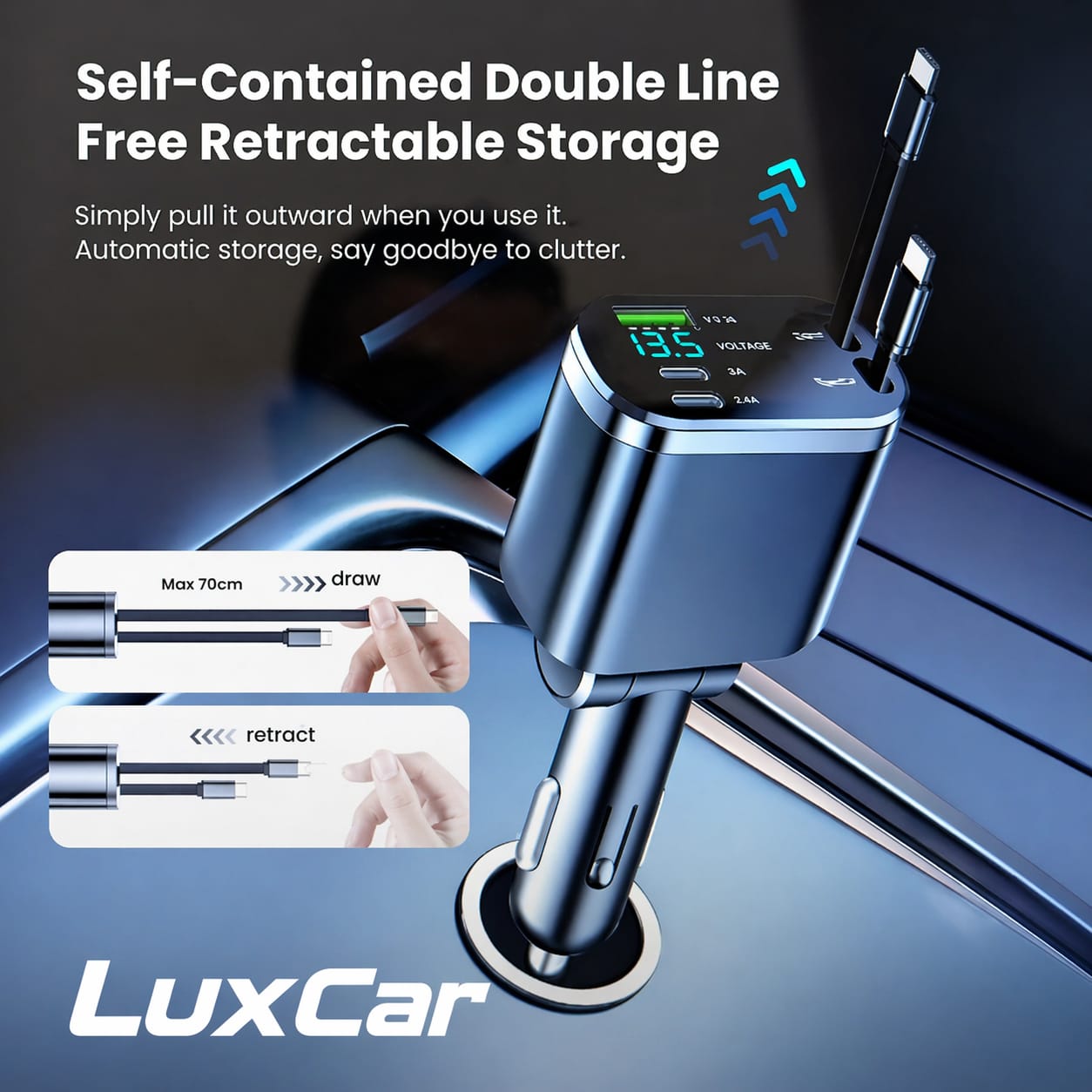 LuxCar™ PowerDrive 150W – 5-in-1 Fast Car Charger (Retractable Cables)